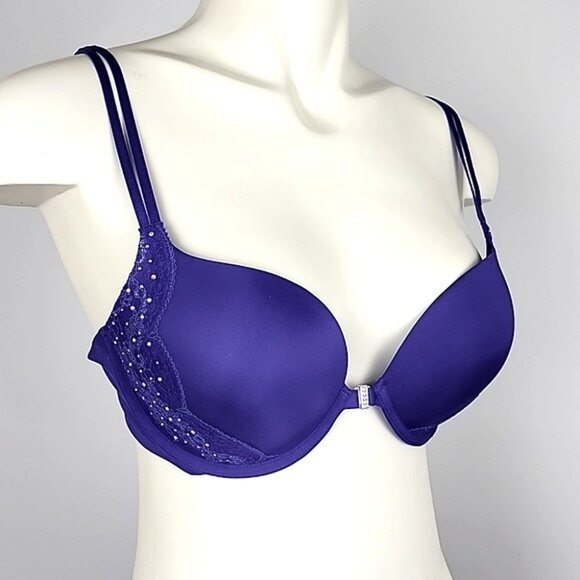 ⭐️2/ $40⭐️ La SENZA Underwire Push-Up Bra Deep Purple Rhinestones Lace Size 38B - Picture 1 of 16